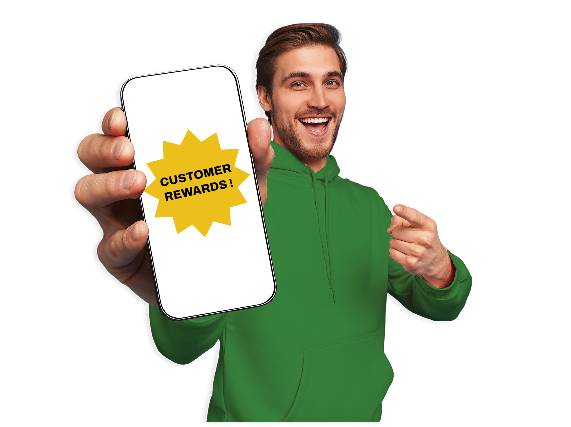 A smiling man holds up a cell phone with the words “Customer Rewards!” on the screen.